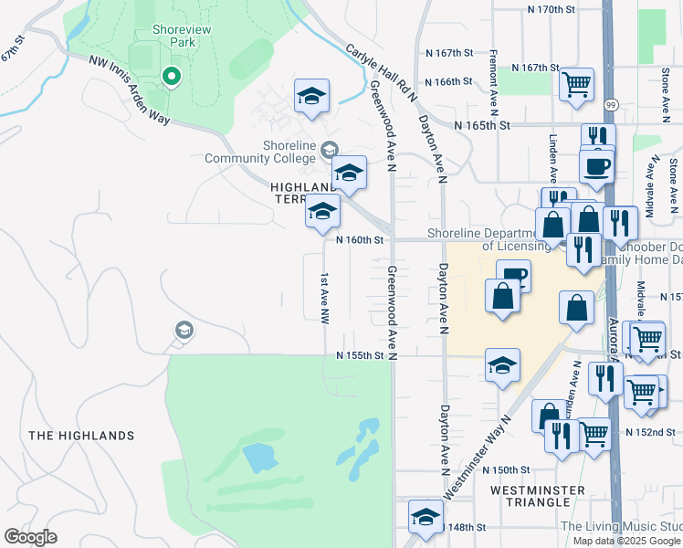 map of restaurants, bars, coffee shops, grocery stores, and more near 15709 Palatine Avenue North in Shoreline