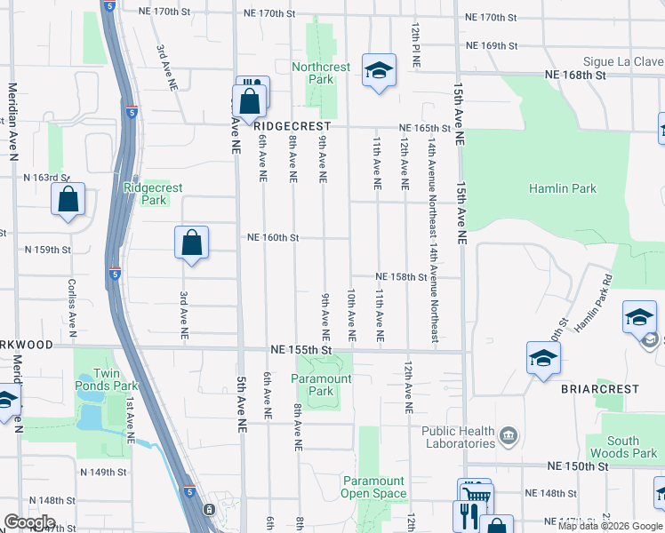 map of restaurants, bars, coffee shops, grocery stores, and more near 15577 10th Avenue Northeast in Shoreline
