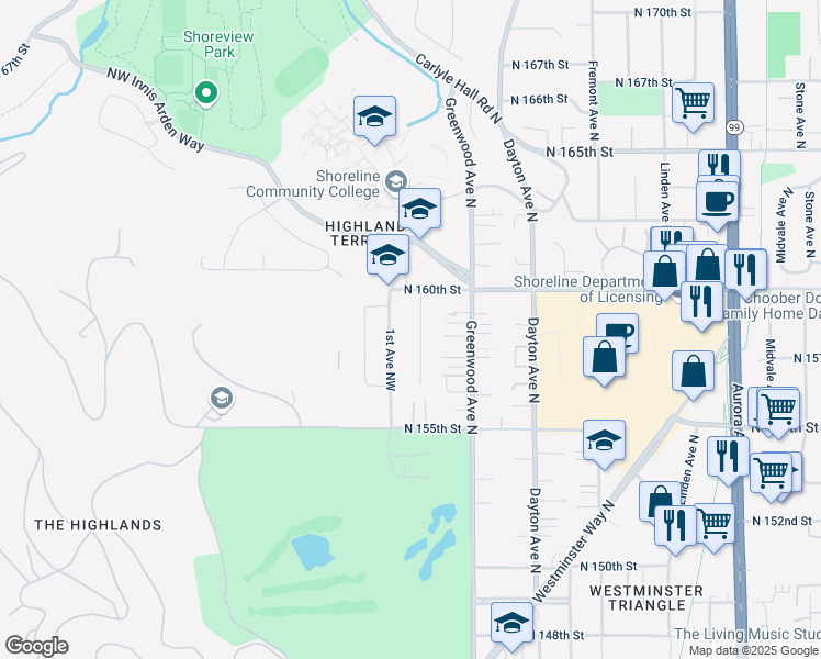 map of restaurants, bars, coffee shops, grocery stores, and more near 15709 Palatine Avenue North in Shoreline