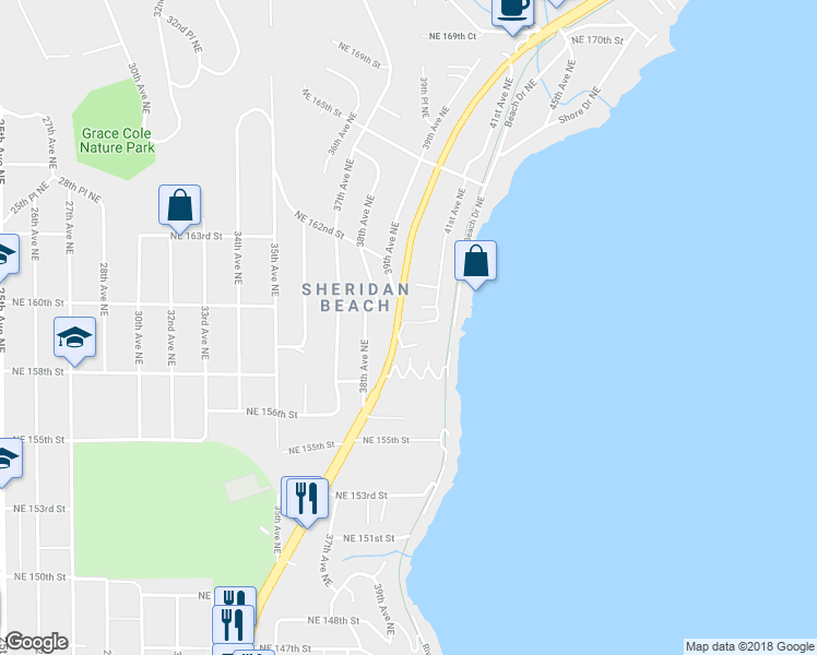 map of restaurants, bars, coffee shops, grocery stores, and more near 3911 Northeast 158th Lane in Lake Forest Park