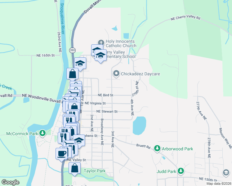 map of restaurants, bars, coffee shops, grocery stores, and more near Northeast Bird Street in Duvall