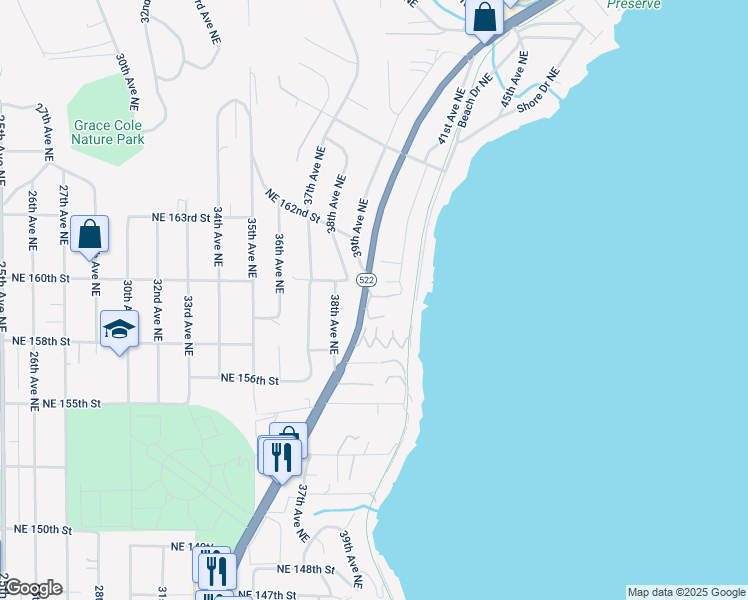 map of restaurants, bars, coffee shops, grocery stores, and more near 3911 Northeast 158th Lane in Lake Forest Park