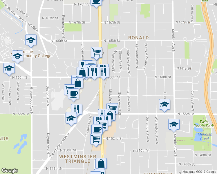 map of restaurants, bars, coffee shops, grocery stores, and more near 15729 Midvale Avenue North in Shoreline
