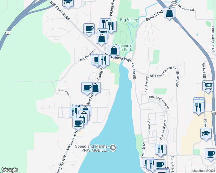 map of restaurants, bars, coffee shops, grocery stores, and more near 383 Northwest Edvard Street in Poulsbo