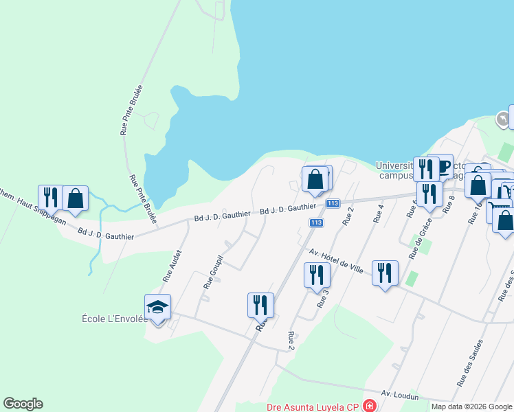 map of restaurants, bars, coffee shops, grocery stores, and more near 126 Boulevard J. D. Gauthier in Shippagan