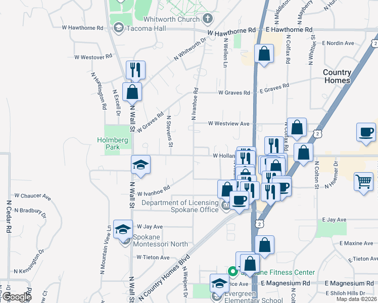map of restaurants, bars, coffee shops, grocery stores, and more near 9513 North Ivanhoe Road in Spokane