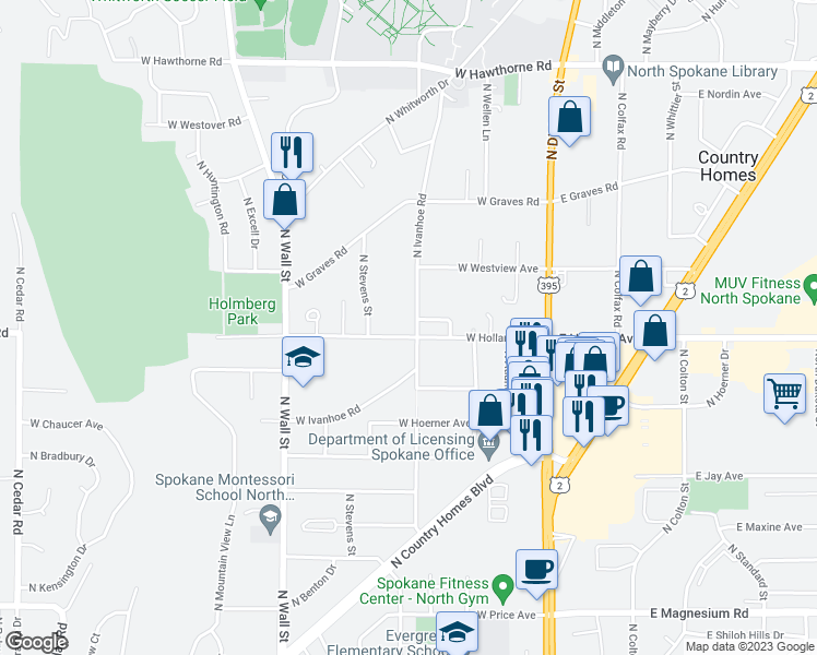 map of restaurants, bars, coffee shops, grocery stores, and more near 9513 North Ivanhoe Road in Spokane