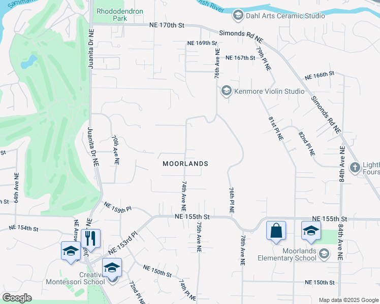 map of restaurants, bars, coffee shops, grocery stores, and more near 16004 74th Avenue Northeast in Kenmore