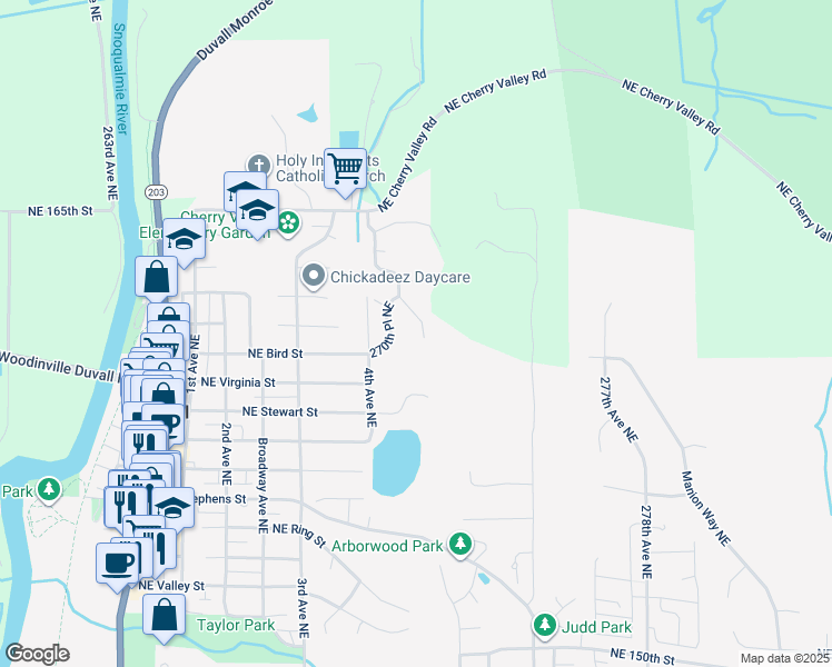 map of restaurants, bars, coffee shops, grocery stores, and more near 16009 271St Place Northeast in Duvall