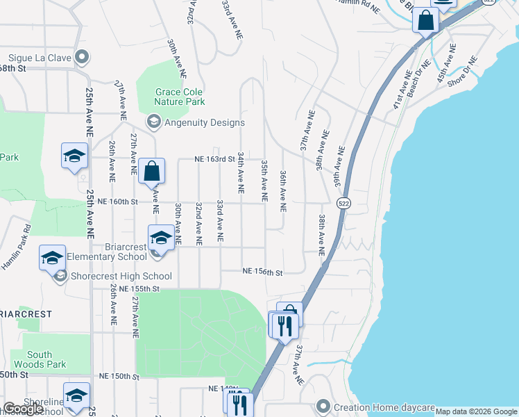map of restaurants, bars, coffee shops, grocery stores, and more near 15857 35th Avenue Northeast in Lake Forest Park