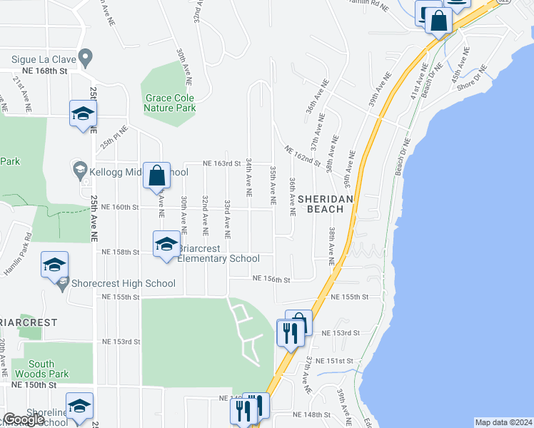 map of restaurants, bars, coffee shops, grocery stores, and more near 15857 35th Avenue Northeast in Lake Forest Park