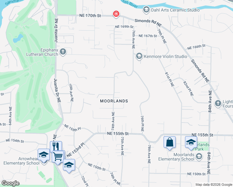 map of restaurants, bars, coffee shops, grocery stores, and more near 16004 74th Avenue Northeast in Kenmore