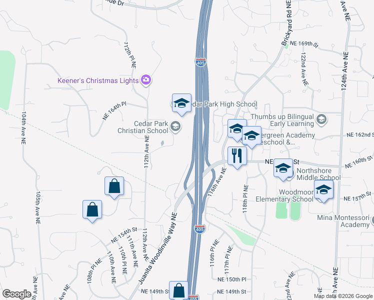 map of restaurants, bars, coffee shops, grocery stores, and more near 15515 Juanita Woodinville Way Northeast in Bothell