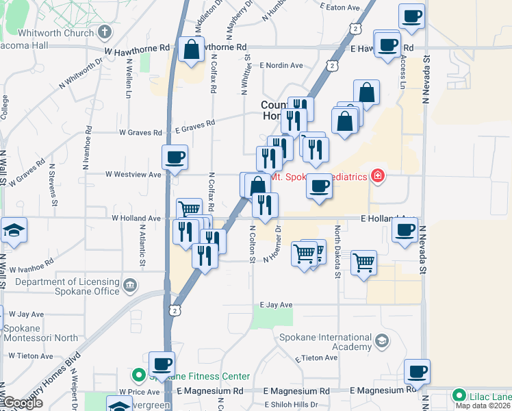 map of restaurants, bars, coffee shops, grocery stores, and more near 9604 North Newport Highway in Spokane