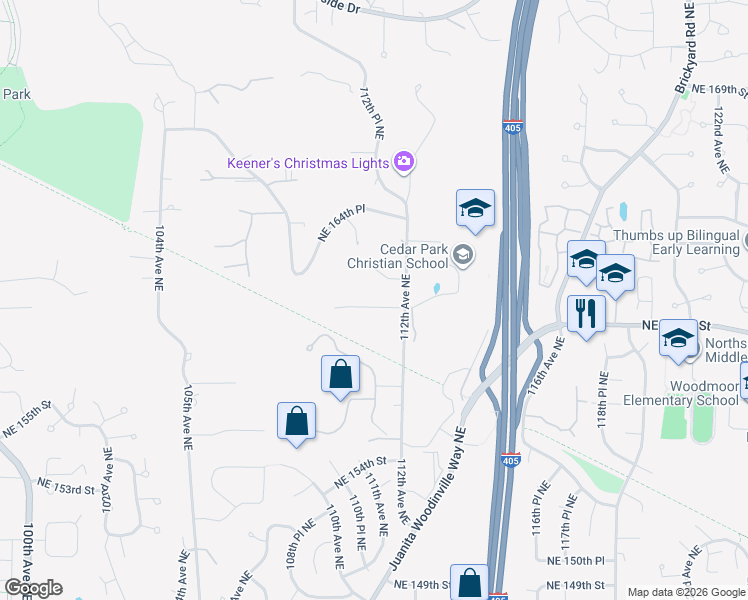 map of restaurants, bars, coffee shops, grocery stores, and more near 11155 Northeast 162nd Street in Bothell