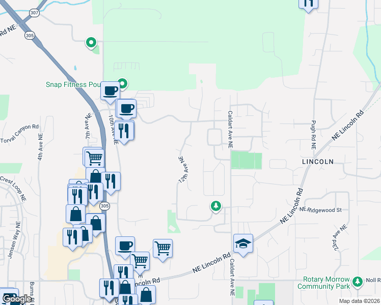 map of restaurants, bars, coffee shops, grocery stores, and more near 1388 Amber Court Northeast in Poulsbo