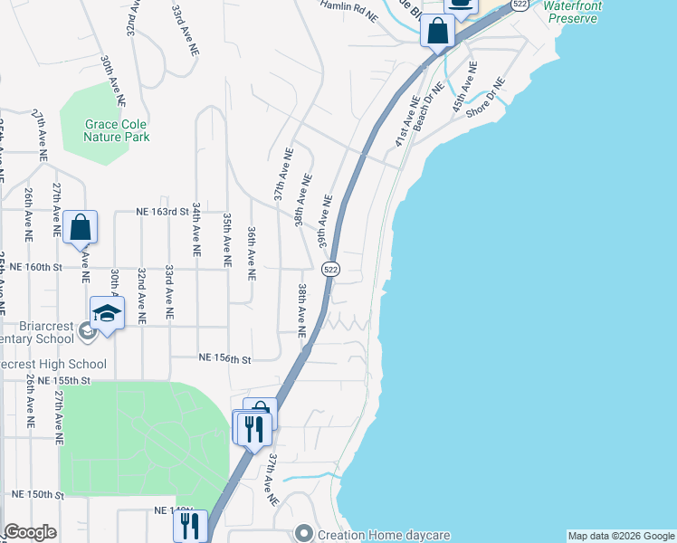 map of restaurants, bars, coffee shops, grocery stores, and more near 4007 Northeast 161st Street in Lake Forest Park