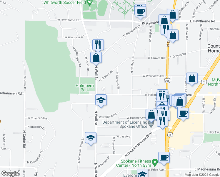 map of restaurants, bars, coffee shops, grocery stores, and more near 9515 North Howard Street in Spokane