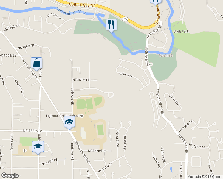 map of restaurants, bars, coffee shops, grocery stores, and more near 9118 Northeast 160th Place in Bothell