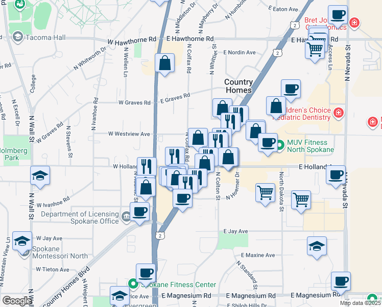 map of restaurants, bars, coffee shops, grocery stores, and more near 9626 North Colfax Road in Spokane