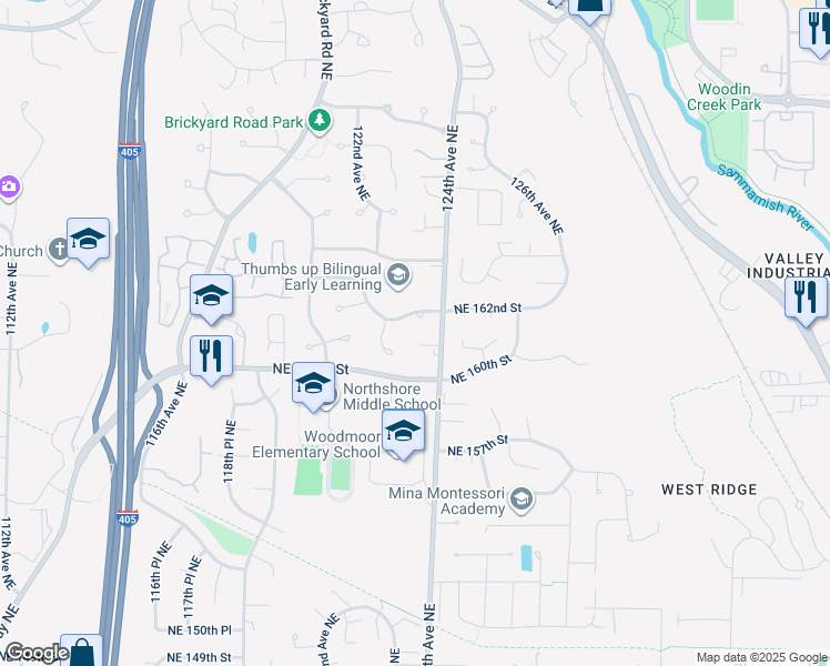map of restaurants, bars, coffee shops, grocery stores, and more near 12215 Northeast 162nd Street in Bothell