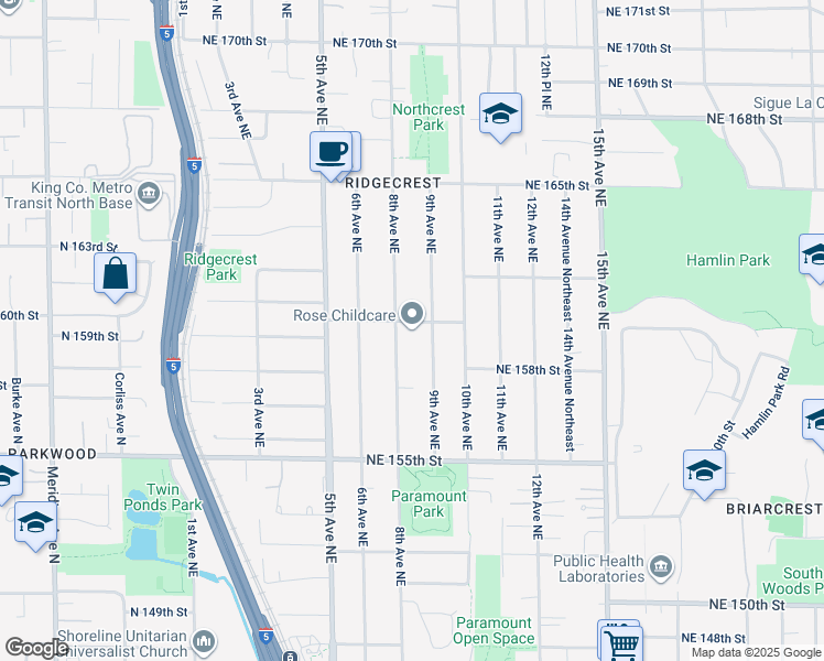 map of restaurants, bars, coffee shops, grocery stores, and more near 810 Northeast 160th Street in Shoreline