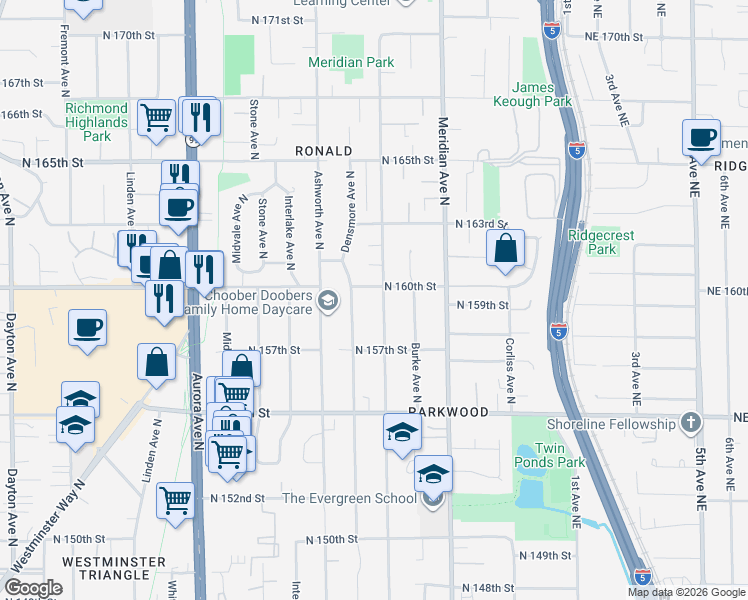 map of restaurants, bars, coffee shops, grocery stores, and more near 15756 Wallingford Avenue North in Shoreline