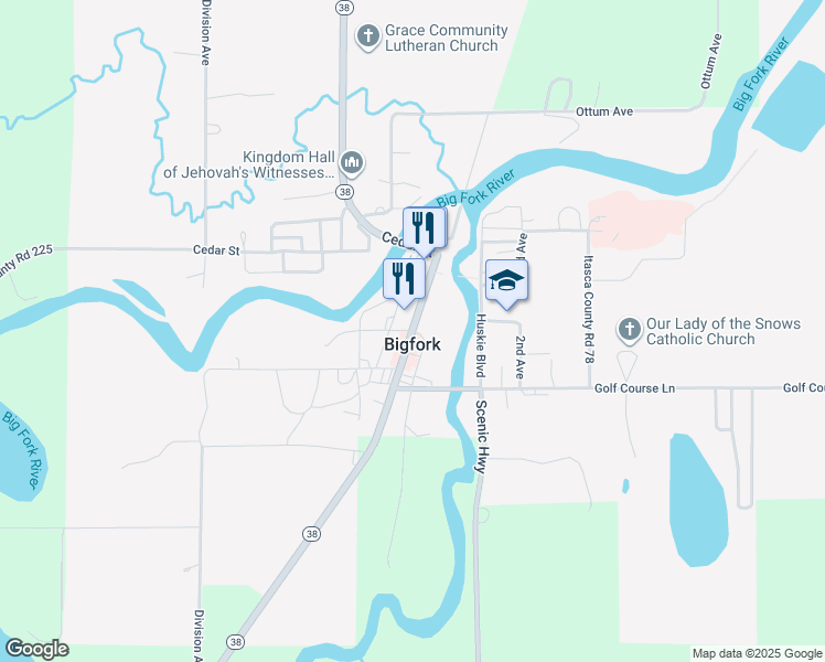 map of restaurants, bars, coffee shops, grocery stores, and more near Main Avenue in Bigfork