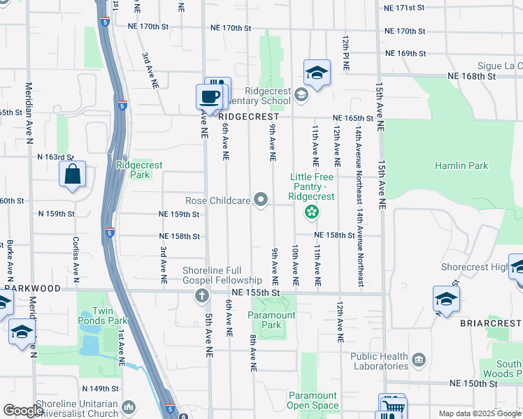 map of restaurants, bars, coffee shops, grocery stores, and more near 815 Northeast 160th Street in Shoreline
