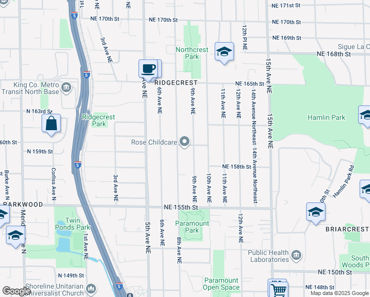 map of restaurants, bars, coffee shops, grocery stores, and more near 815 Northeast 160th Street in Shoreline