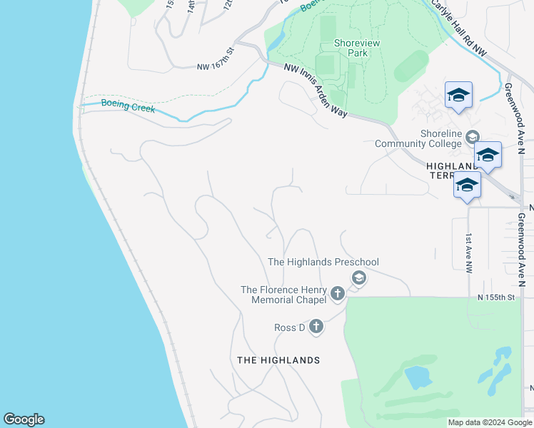 map of restaurants, bars, coffee shops, grocery stores, and more near Huckleberry Lane in Shoreline