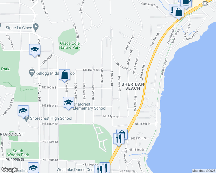 map of restaurants, bars, coffee shops, grocery stores, and more near 3420 Northeast 160th Street in Lake Forest Park