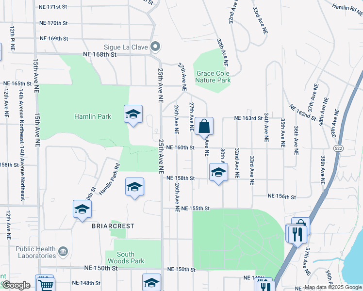 map of restaurants, bars, coffee shops, grocery stores, and more near 16011 26th Avenue Northeast in Shoreline