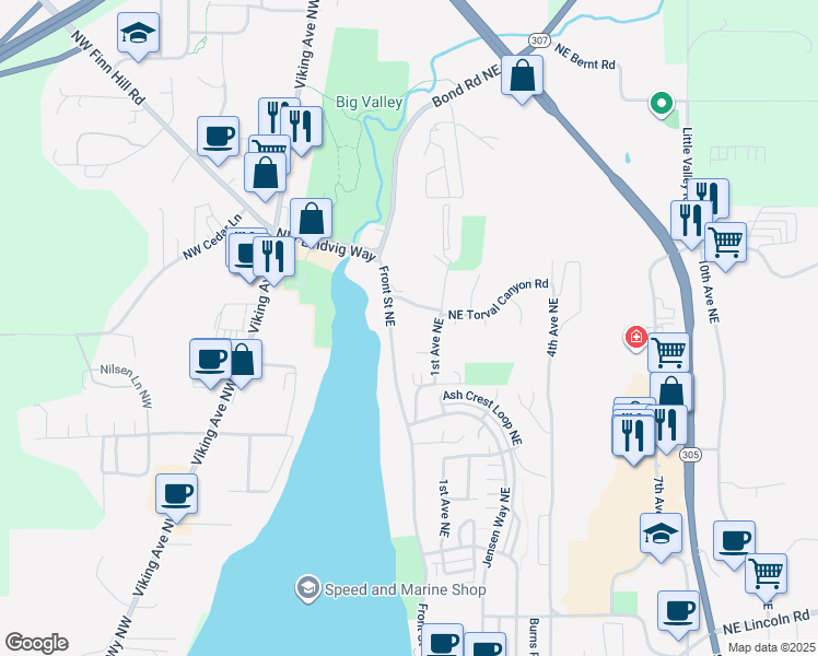 map of restaurants, bars, coffee shops, grocery stores, and more near 15 Northeast Torval Canyon Road in Poulsbo