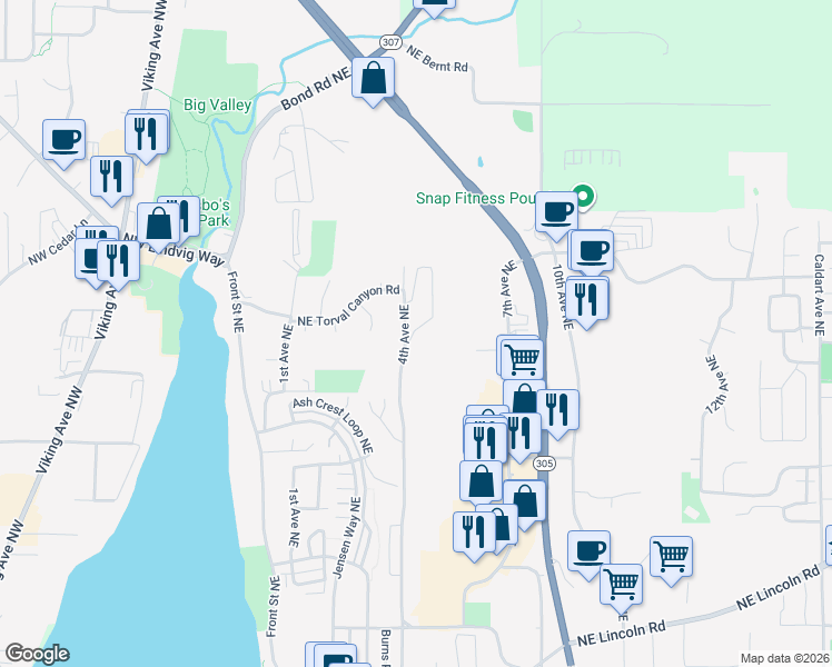 map of restaurants, bars, coffee shops, grocery stores, and more near 20097 Vikings Crest Northeast in Poulsbo