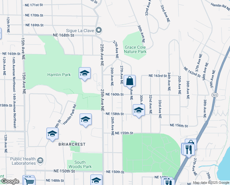 map of restaurants, bars, coffee shops, grocery stores, and more near 16011 26th Avenue Northeast in Shoreline