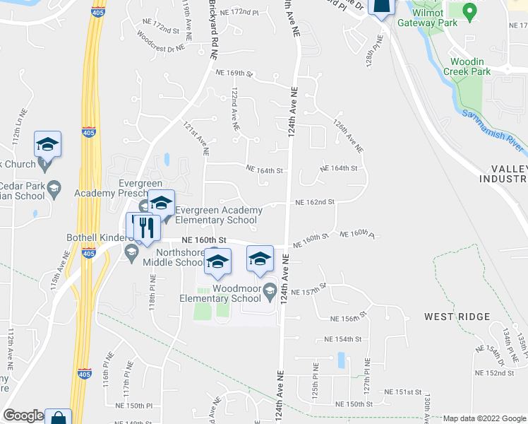map of restaurants, bars, coffee shops, grocery stores, and more near 12215 Northeast 162nd Street in Bothell