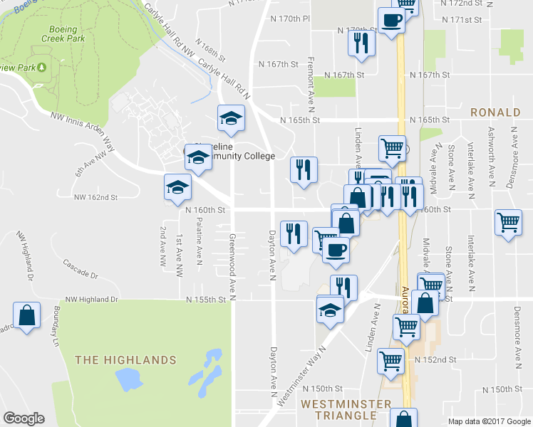 map of restaurants, bars, coffee shops, grocery stores, and more near 15755 Dayton Avenue North in Shoreline