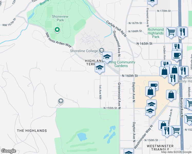 map of restaurants, bars, coffee shops, grocery stores, and more near 112 Northwest 159th Street in Shoreline