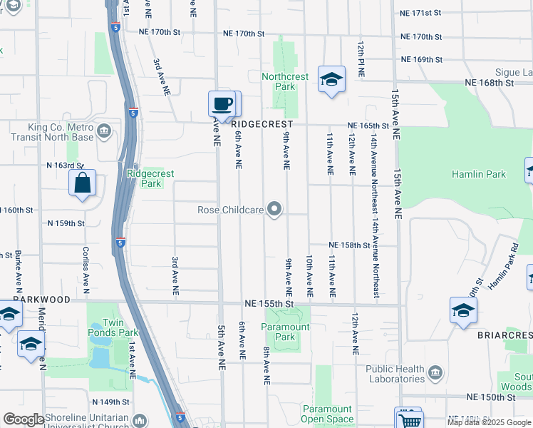 map of restaurants, bars, coffee shops, grocery stores, and more near 810 Northeast 160th Street in Shoreline