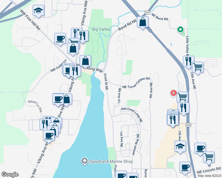 map of restaurants, bars, coffee shops, grocery stores, and more near 49 Northeast Torval Canyon Road in Poulsbo