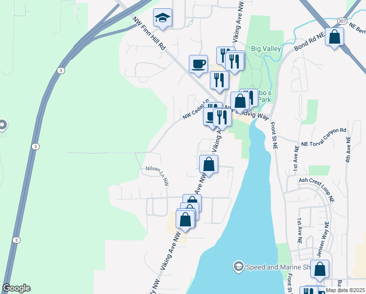 map of restaurants, bars, coffee shops, grocery stores, and more near 20043 Winton Lane Northwest in Poulsbo