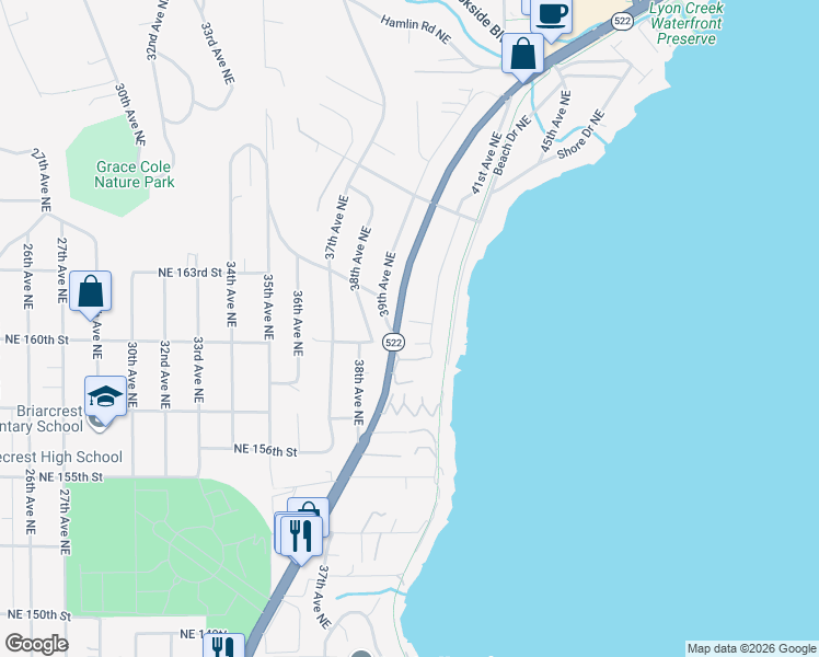 map of restaurants, bars, coffee shops, grocery stores, and more near 4007 Northeast 161st Street in Lake Forest Park