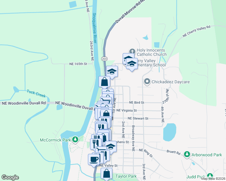 map of restaurants, bars, coffee shops, grocery stores, and more near 16109 1st Avenue Northeast in Duvall