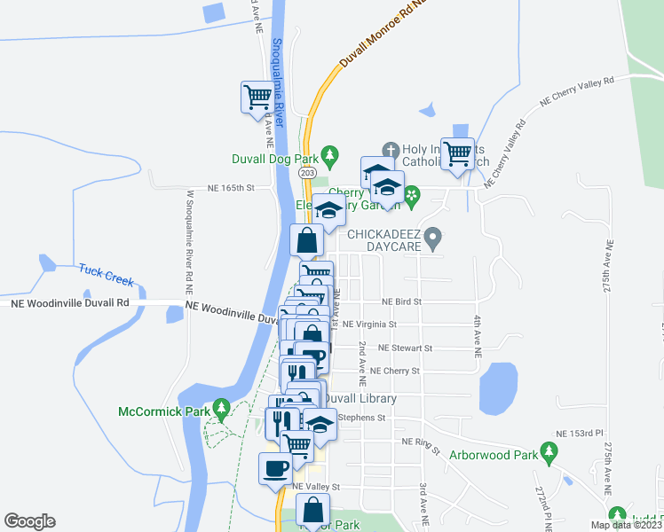 map of restaurants, bars, coffee shops, grocery stores, and more near 16109 1st Avenue Northeast in Duvall