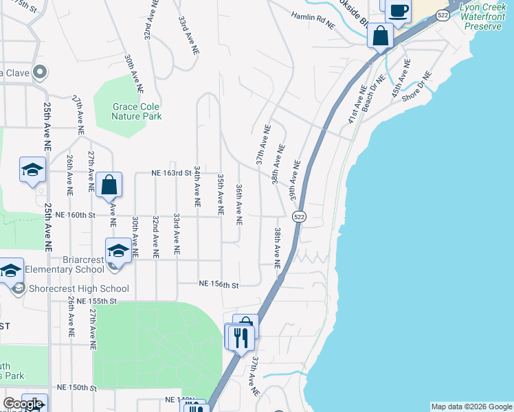map of restaurants, bars, coffee shops, grocery stores, and more near 16015 37th Avenue Northeast in Lake Forest Park
