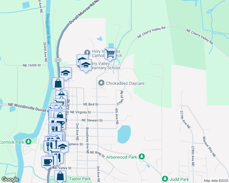 map of restaurants, bars, coffee shops, grocery stores, and more near 16125 4th Avenue Northeast in Duvall