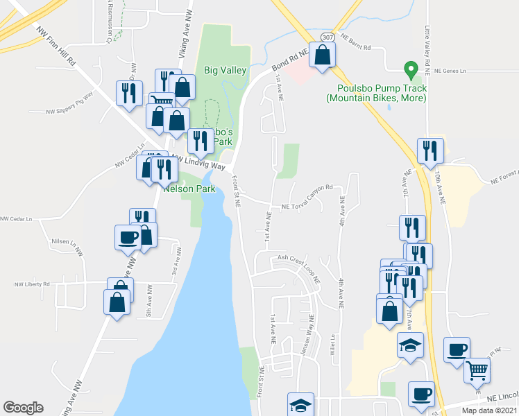 map of restaurants, bars, coffee shops, grocery stores, and more near 15 Northeast Torval Canyon Road in Poulsbo