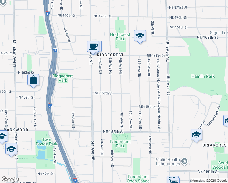 map of restaurants, bars, coffee shops, grocery stores, and more near 810 Northeast 160th Street in Shoreline