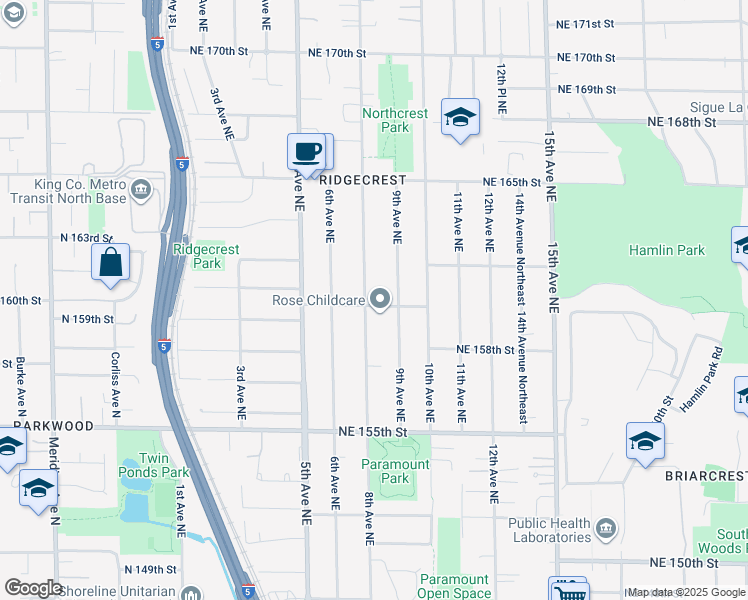 map of restaurants, bars, coffee shops, grocery stores, and more near 810 Northeast 160th Street in Shoreline